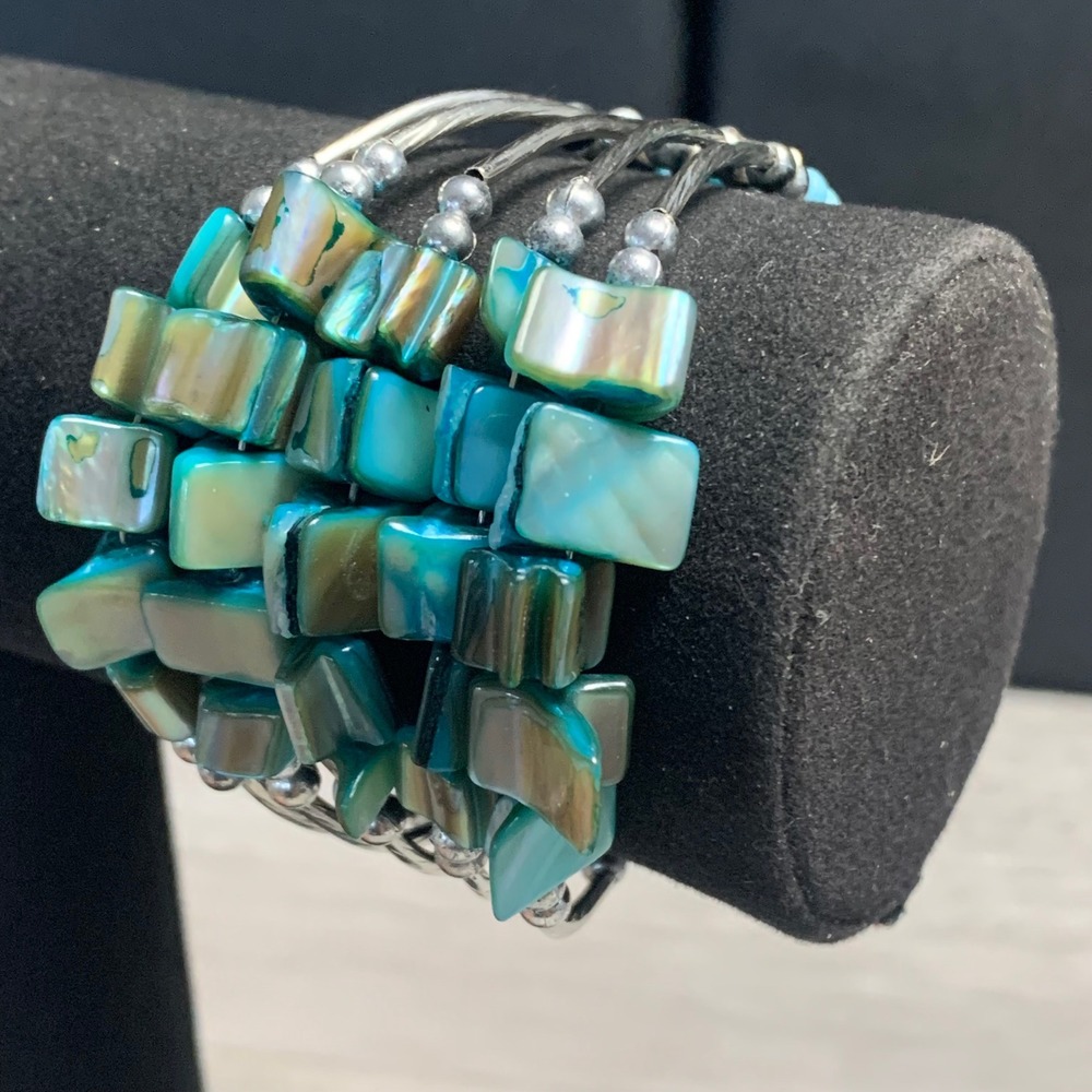 Turquoise Seed Bead & Abalone Shell Multi-Strand Cuff Bracelet Silver Tone 6.5"